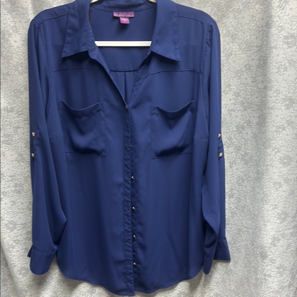 Beverly Drive Navy Blue Notched Collar Button Down Shirt